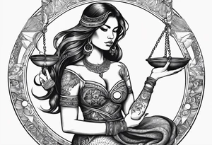 Libra woman holding scales with a night zodiac background including a half moon that encircles half of the woman with vibrant colors tattoo idea