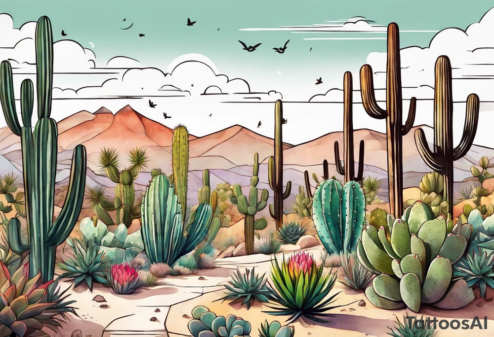 Modern Mexican style desert garden with cactus and small succulents add tiny moth flying tattoo idea