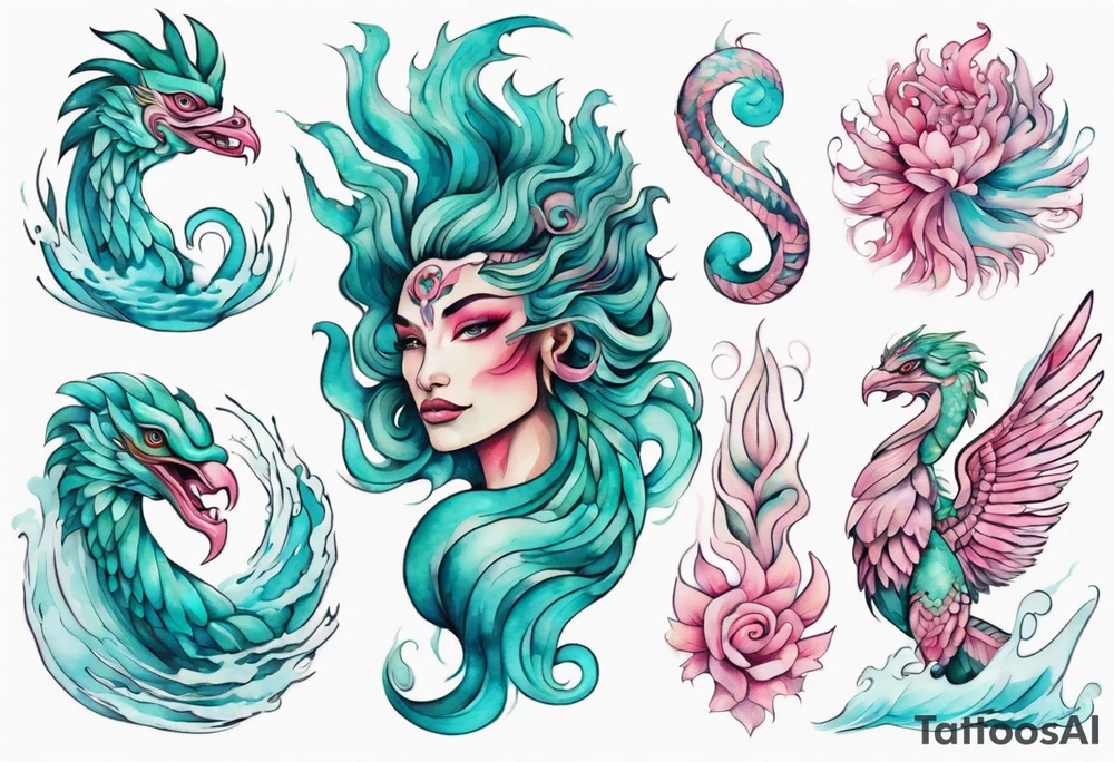 a beautiful turquoise pink and white sea Quetzalcoatl rising from the waves of the ocean with a feminine face tattoo idea