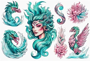 a beautiful turquoise pink and white sea Quetzalcoatl rising from the waves of the ocean with a feminine face tattoo idea