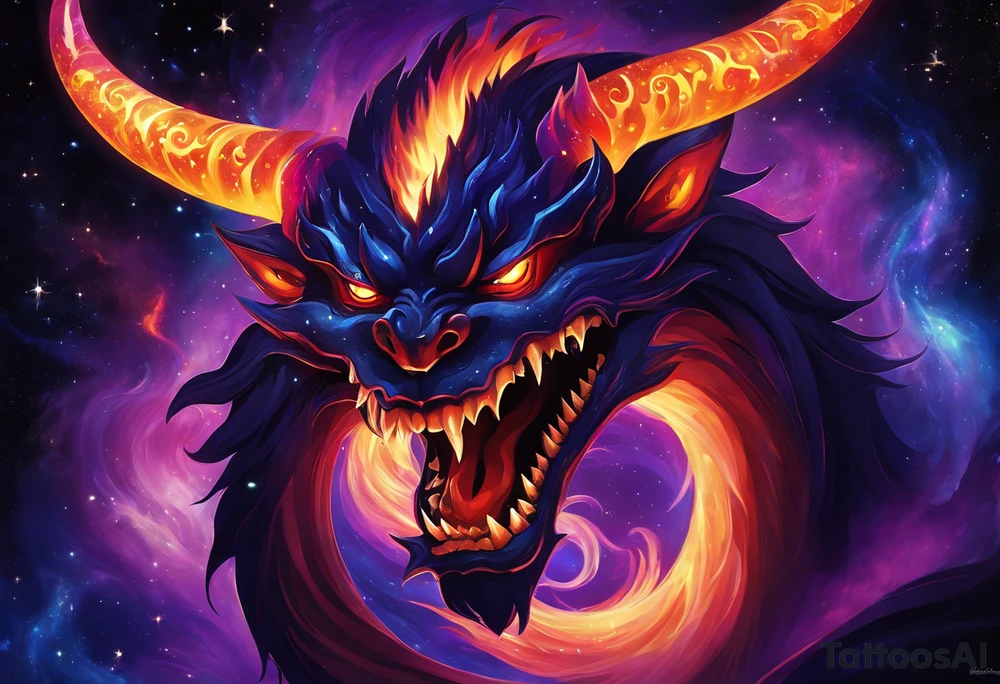 Dominant demonic figure, formidable face with royal king features, has a evil grin and a bit of open mouth with glimpse of devil fang teeth, similar to skull features, framed by deep-set glowing galaxy eyes, head has prominent purple deep blue flames (No horns). colour scheme is recognizable swirling galaxy-shaped textures with fiery peacock blue green turquoise colour highlights. orange highlights. 
Head will have visible prominent braids in koru maori style with 3-5 hawk feather ends. 

it will frontal totem figure and will sit on top of huge torii gate (Japanese) tattoo idea