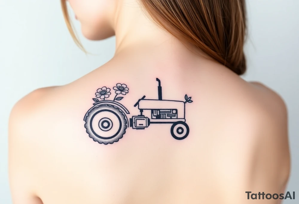 Petite small tractor with two flowers on it tattoo idea