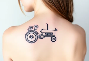 Petite small tractor with two flowers on it tattoo idea