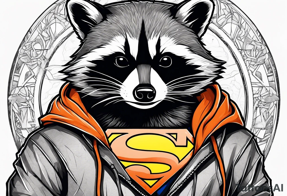 Raccoon wearing an orange Superman hoodie tattoo idea