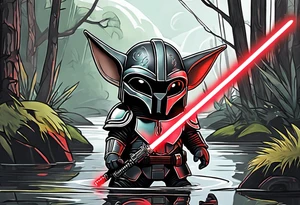 Baby Grogu wearing black mandalorian armor,  holding a red lightsaber in a swamp tattoo idea