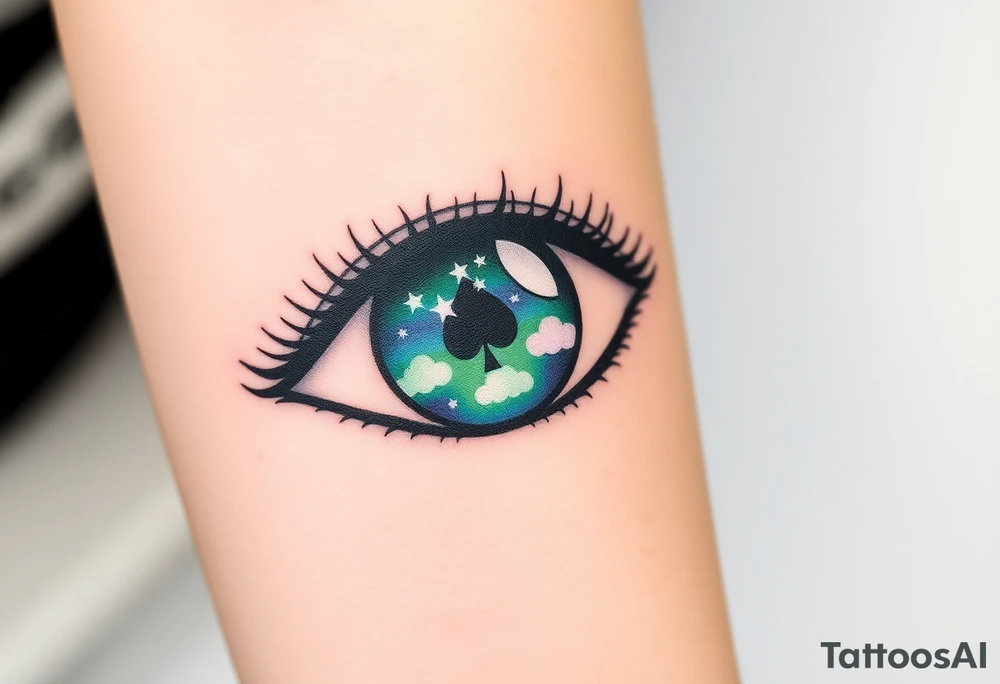 Large almond shaped outline of an eye with an ace of spades eyeball long black eyelashes eyecolored greenish blue vivid colors like green blue purple with a crescent moon stars and clouds inside of the eyeball tattoo idea