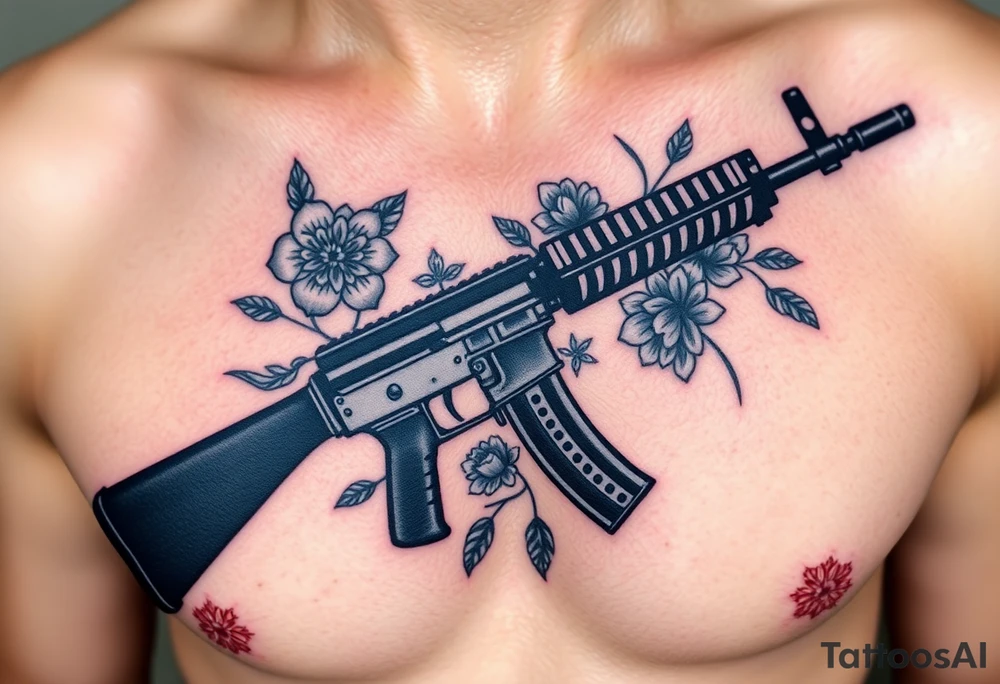 ak 47 black silhouette with floreal details tattoo idea