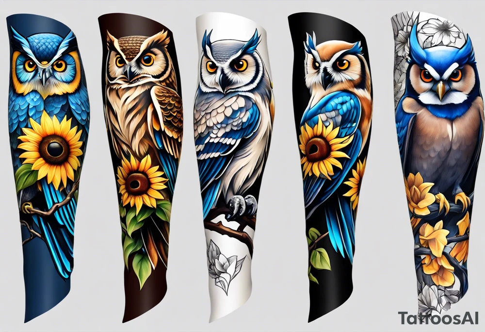 A lower forearm sleeve full colour owl with honeycomb background with blue Jay's, chickadees, sunflowers, honeysuckle, sweet peas tattoo idea