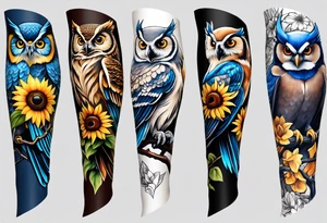A lower forearm sleeve full colour owl with honeycomb background with blue Jay's, chickadees, sunflowers, honeysuckle, sweet peas tattoo idea