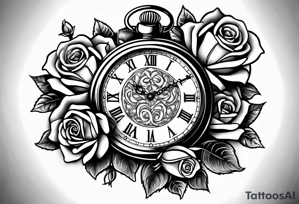 pocket watch with chain and roses tattoo idea