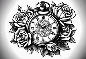pocket watch with chain and roses tattoo idea