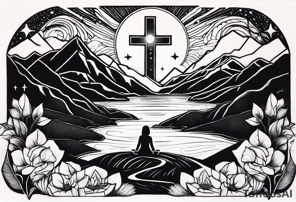a family of three sitting in a nature with mountains, waterfall, water, and a cross in the background and a sun and moon in the sky with stars tattoo idea