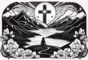 a family of three sitting in a nature with mountains, waterfall, water, and a cross in the background and a sun and moon in the sky with stars tattoo idea