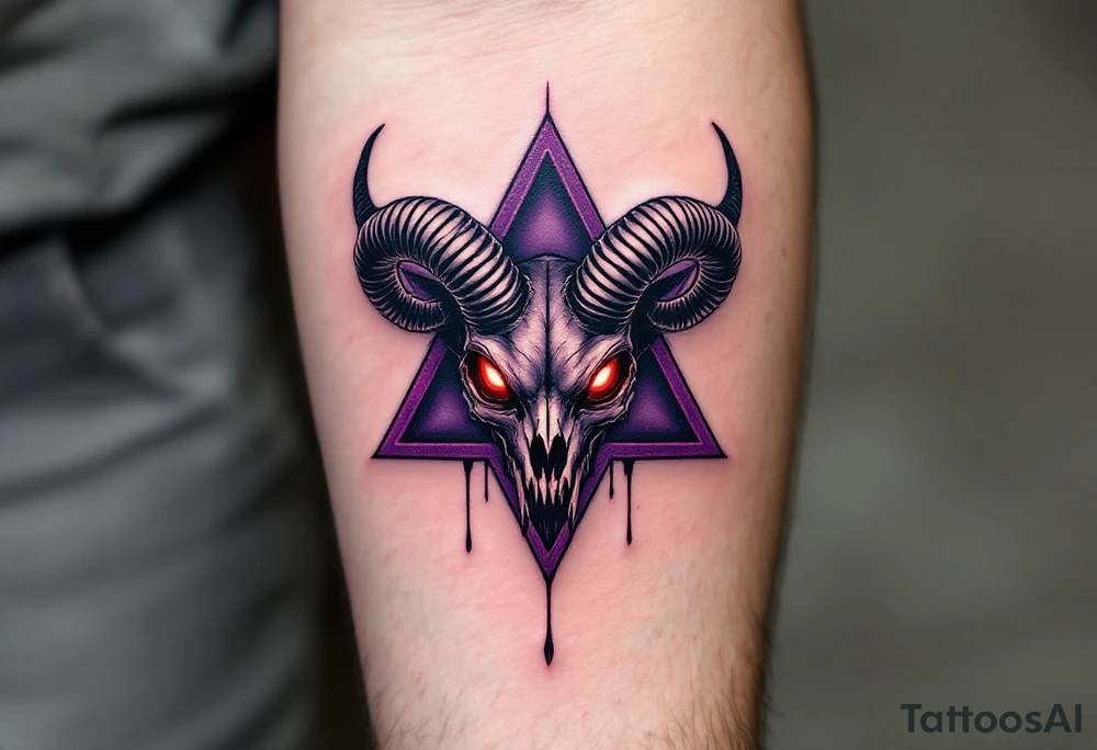 A demonic goat skull with glowing red eyes, fused into a dark purple pentagram - five pointed star, dripping with shadows. tattoo idea