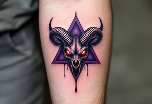 A demonic goat skull with glowing red eyes, fused into a dark purple pentagram - five pointed star, dripping with shadows. tattoo idea