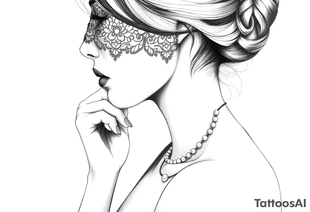 Black and white profile of woman with chin pressed on hand, lace covering  her eyes as she looks to the distance, biting pearl necklace tattoo idea