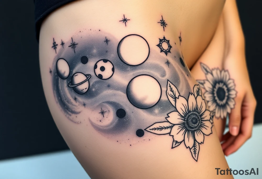 Milky way galaxy with planets with zodiac symbols and protection runes in it with tigerlillies roses and sunflowers tattoo idea