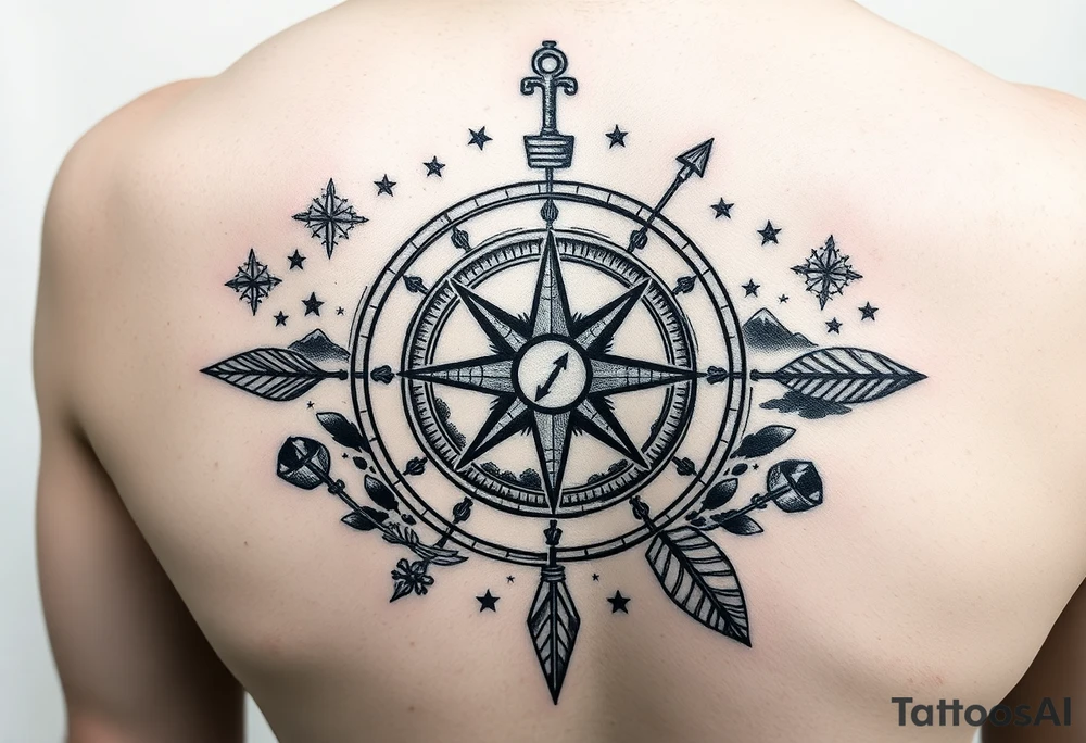 a compass,stars,landscape,an arrow. tattoo idea