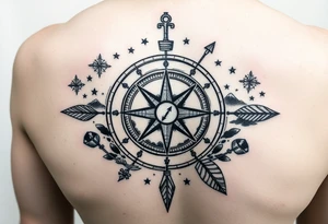 a compass,stars,landscape,an arrow. tattoo idea