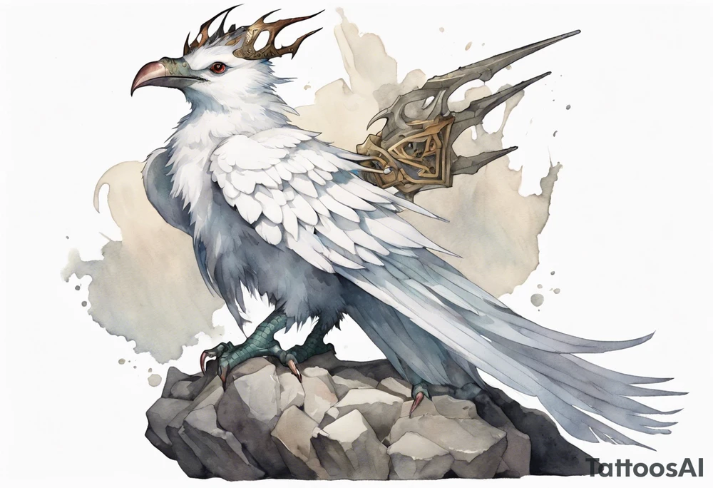 a white bird-wyvern hybrid, wearing a plain iron crown on head, perched on a stone tattoo idea