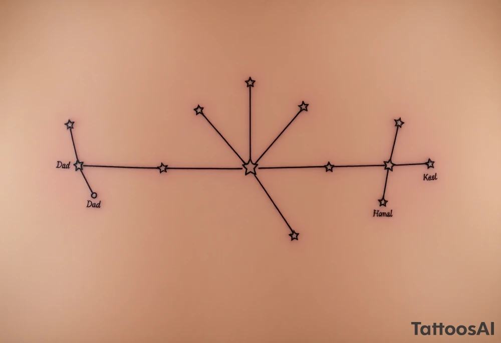The tattoo idea is a personalized family constellation where each star represents a family member, showing how everyone is connected even across different branches. At the center, you (Sagittarius, Kaus Australis) and your older brother (Aries, Hamal) stand as the link between both sides. On the left, your dad (Capricorn, Deneb Algedi) and your half-brother on his side (Scorpio, Antares) form a shape like an arrow pointing toward the center, symbolizing strength and direction. On the right, your mom (Libra, Zubenelgenubi), your half-brother (Gemini, Castor), and your half-sister (Cancer, Tarf) create a balance-like shape representing harmony and protection. Thin lines connect the stars to form a single constellation, with you and your older brother as the central stars joining both worlds. The design could include just the stars, their names, zodiac symbols, or coordinates in a fine-line, black-ink style, expressing balance, connection, and the eternal bond uniting every member of your family. tattoo idea