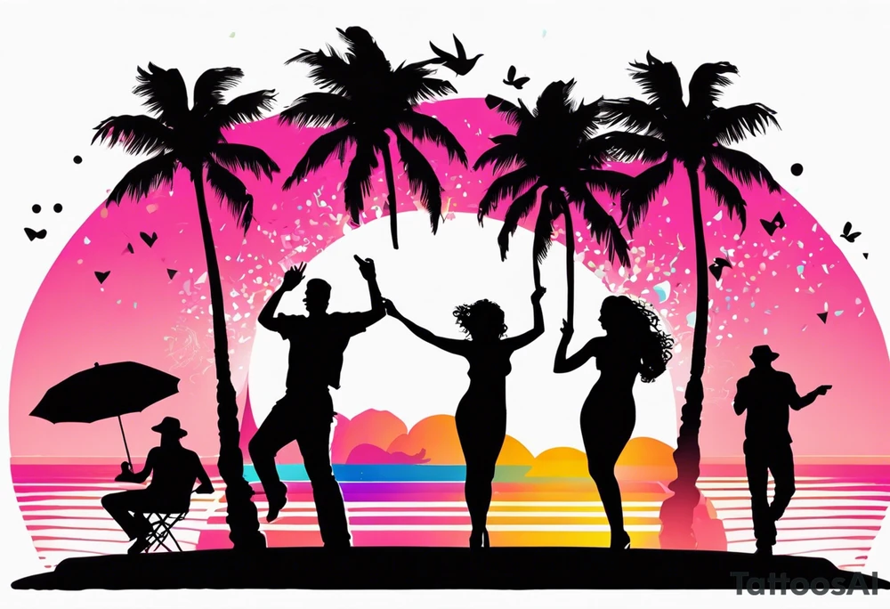 1980's miami vice style beach dance 
party, include confetti, music notes, boom box, SILHOUETTE bikinis sunset in the center tattoo idea