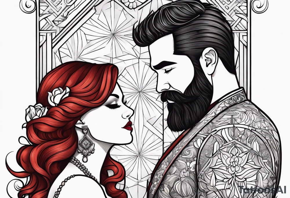 Busty red haired woman and a bearded man with black hair getting married tattoo idea
