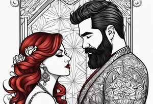 Busty red haired woman and a bearded man with black hair getting married tattoo idea