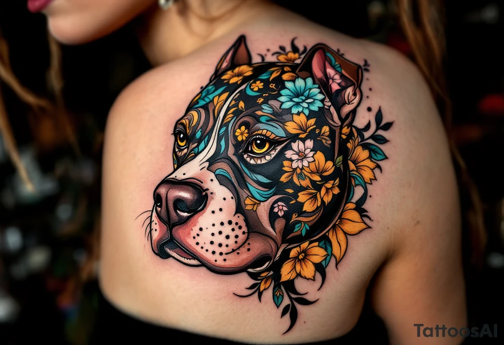 Neo-traditional pitbull head, exaggerated features, bold black outlines, chocolate fur with turquoise and mustard yellow floral accents. tattoo idea