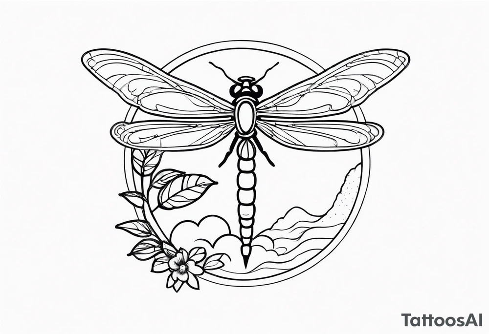 Small cloud and sun with small dragonfly tattoo idea