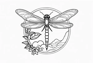 Small cloud and sun with small dragonfly tattoo idea