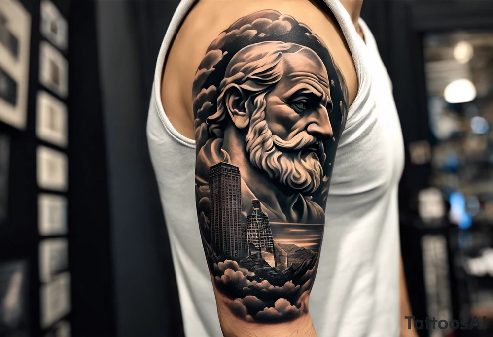 I have an atlas statue with clouds background on my outer right shoulder down to my elbow. I would like something that continues down from that to my wrist, and eventually wraps around my arm, turning my sleeve into one big piece. The ideal tattoo I'm looking for is something not too aggressive and bold but highly detailed. I would like to continue the full body god statue theme, possibly with Hercules, or  Poseidon, but open to all ideas. I would like to keep the full body statue theme as well. tattoo idea
