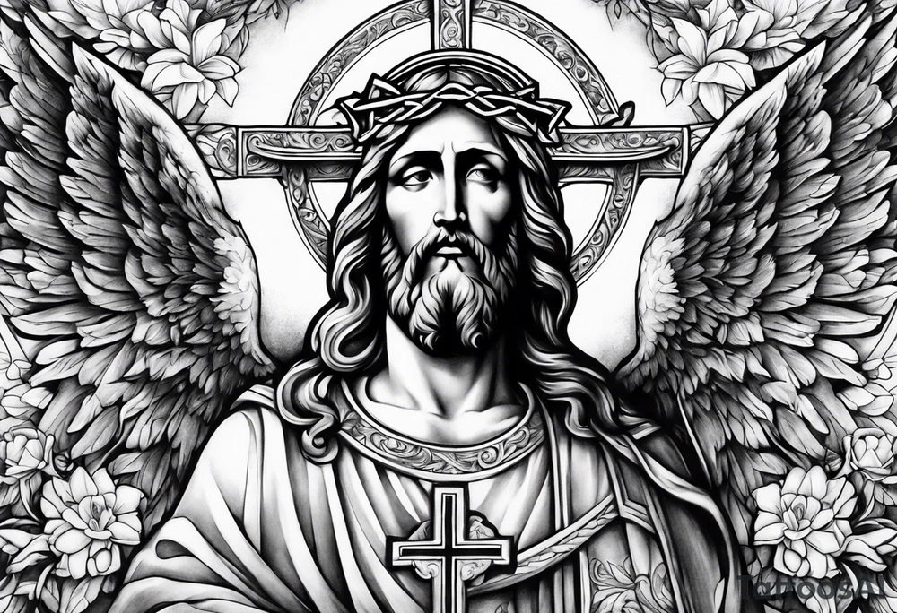 cross with jesus and angels tattoo idea