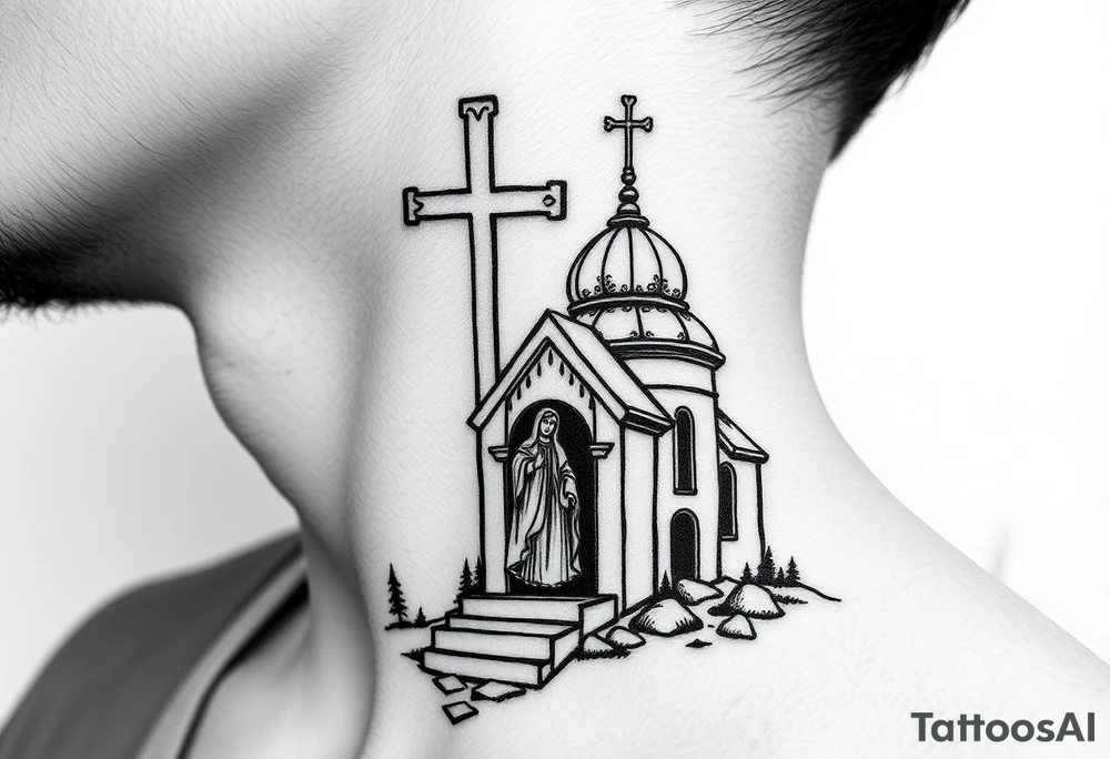 russian design traditional christian orthodox cross with a virgin mary stood beside the entrance of a russian orthodox dome church on the side of the neck in a wilderness setting with the design spread out the side of the neck tattoo idea