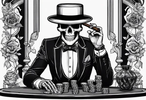 Skeleton in suit, with hat, with cigar, sitting at the table, holding poker tokens tattoo idea tattoo idea