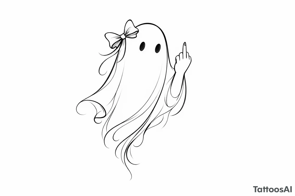 Abstract ghost outline, delicate bow, defiant middle finger. tattoo idea