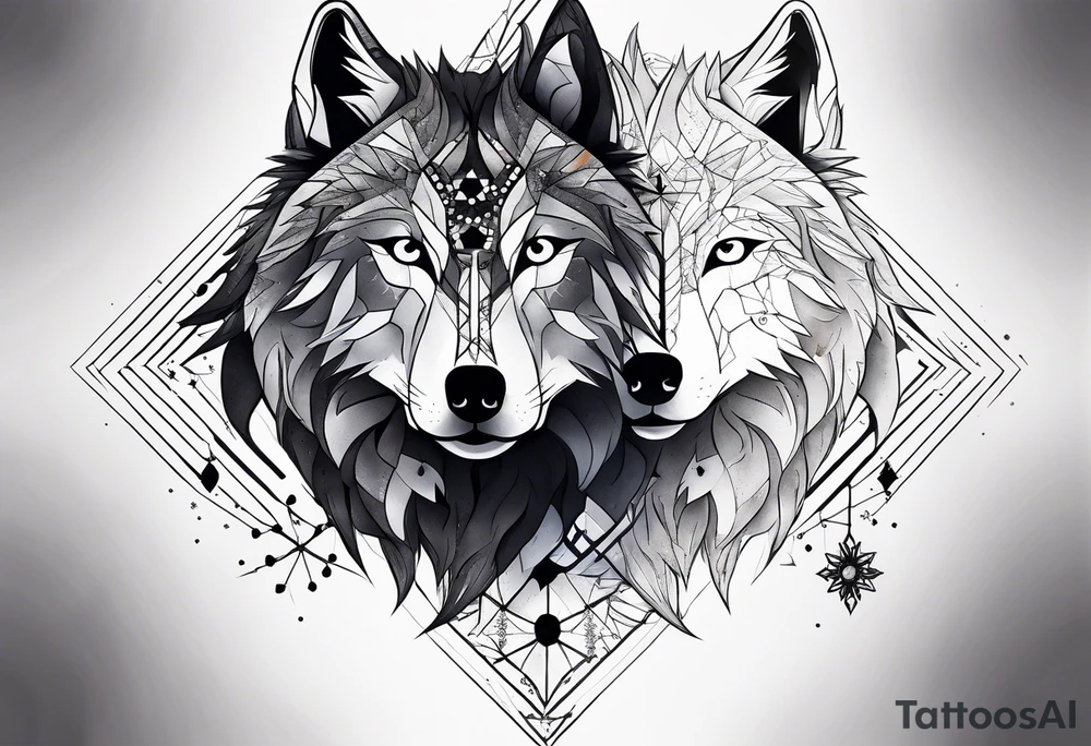 Constellation, two animal wolf, géométric, snowflake tattoo idea