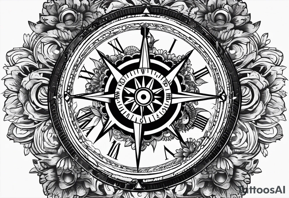 A Vintage compass with gears and marigold flower behind the compass. tattoo idea