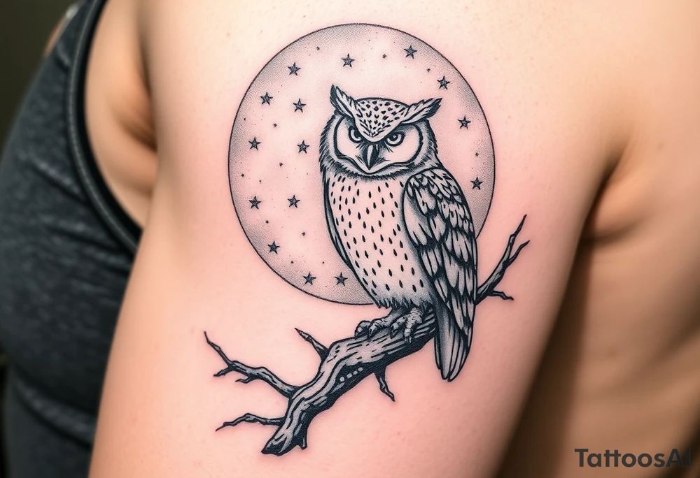 wise owl perched on ancient oak branch under starlit sky tattoo idea