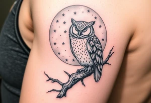 wise owl perched on ancient oak branch under starlit sky tattoo idea