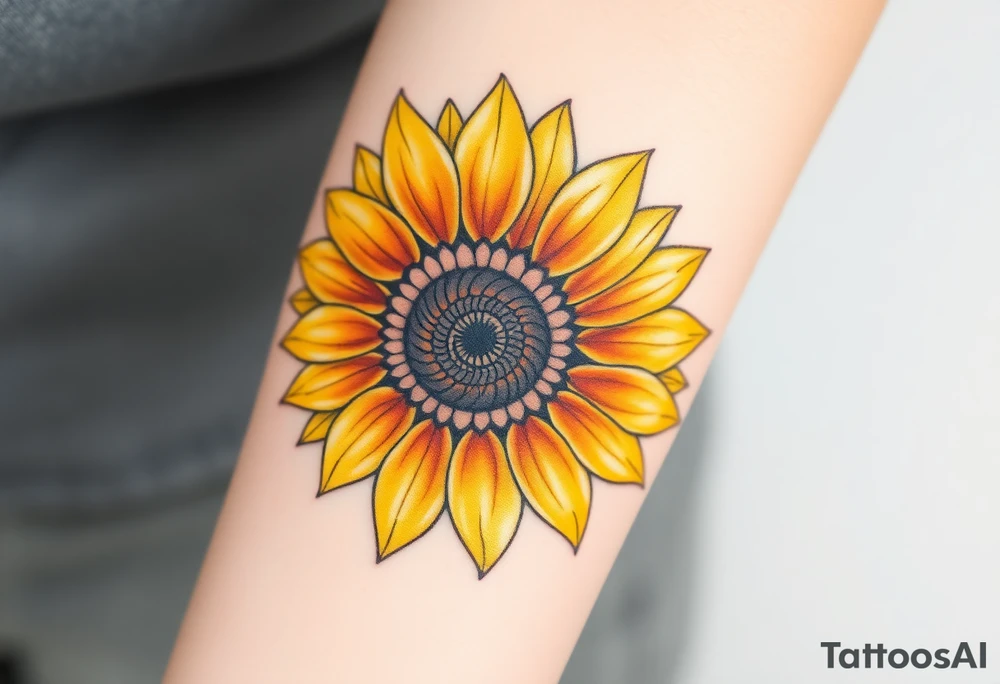 A radiant sunflower with golden-yellow petals, its center detailed with intricate spirals, symbolizing resilience and joy tattoo idea