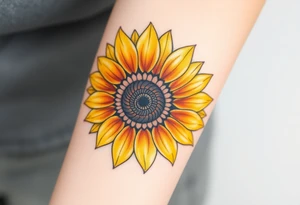 A radiant sunflower with golden-yellow petals, its center detailed with intricate spirals, symbolizing resilience and joy tattoo idea