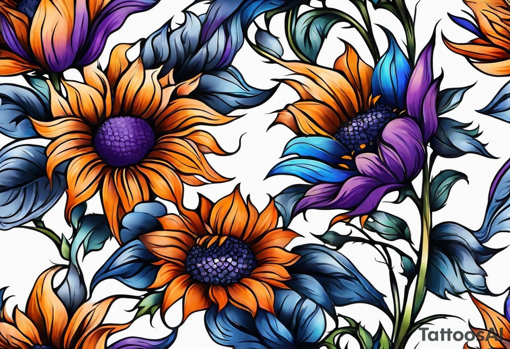 Full leg sleeve with purple, orange and blue sunflowers tattoo idea