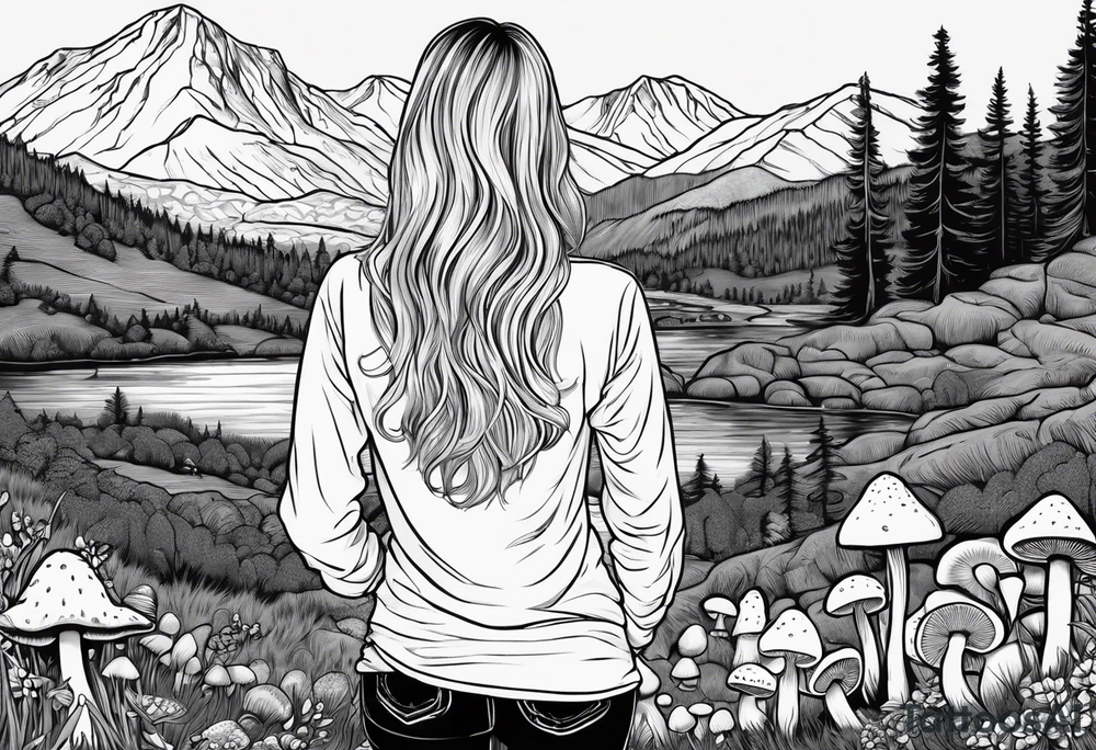 Whole picture encircled fully

Straight long blonde hair hippie girl in distance holding mushrooms in hand facing away toward mountains and creek surrounded by mushrooms long sleeve shirt and hiking pants; whole rendering within a full circle, no cut off circle tattoo idea