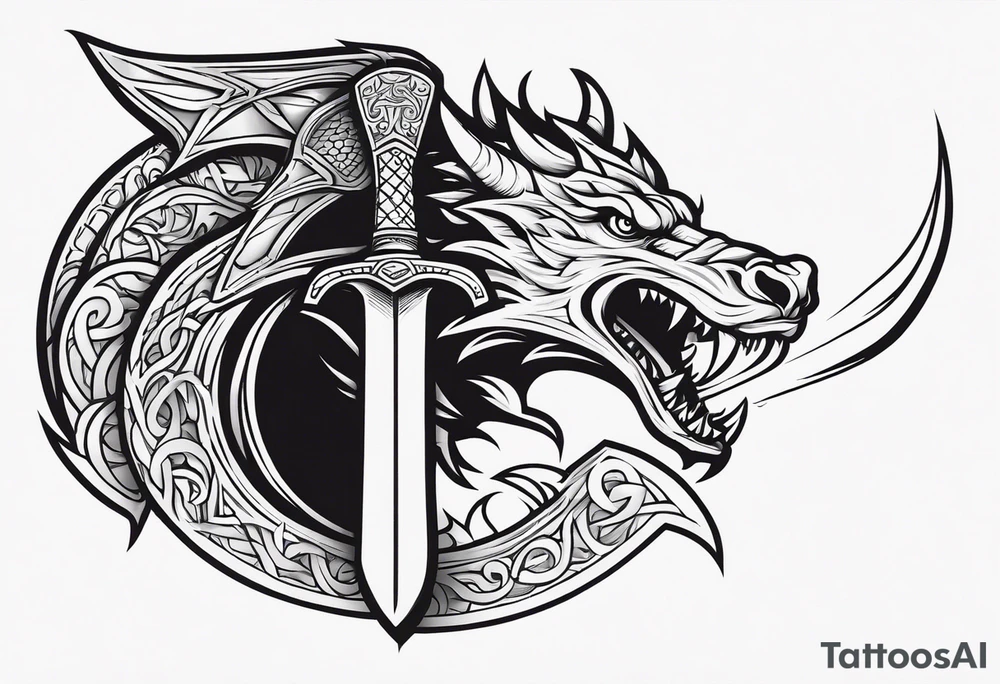 Valhalla sword shield dragon head axe tattoo idea
