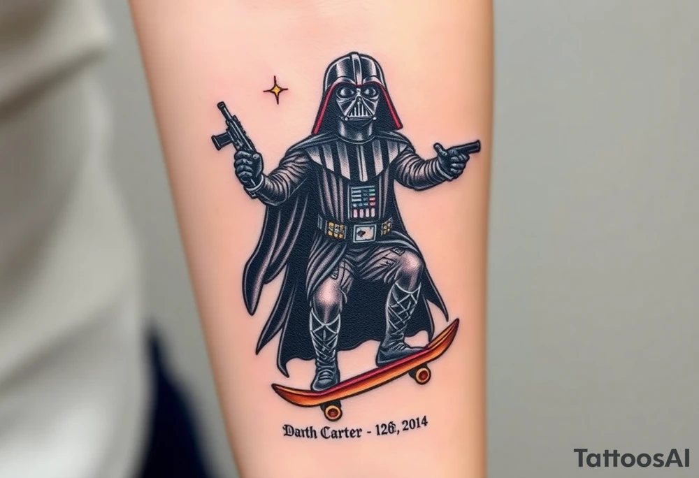 Darth Vader skateboarding holding gun > bullets > memorial > god > colors > futuristic 
add name "Darth Carter" on skateboard
add date in loving memory 12/29/88-01/06/24 tattoo idea