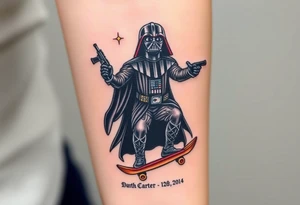 Darth Vader skateboarding holding gun > bullets > memorial > god > colors > futuristic 
add name "Darth Carter" on skateboard
add date in loving memory 12/29/88-01/06/24 tattoo idea