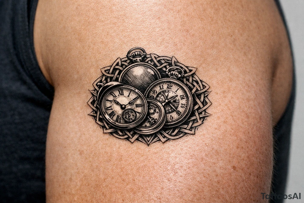 A cluster of large pocket watches, two open, one closed, with a Celtic knots surrounding. tattoo idea