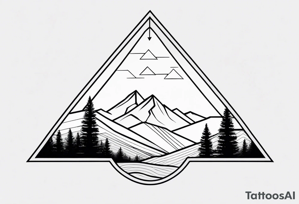 A minimalistic image of a mountain landscape enclosed in a triangle. Clear lines, one or two layers for depth. tattoo idea