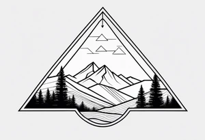 A minimalistic image of a mountain landscape enclosed in a triangle. Clear lines, one or two layers for depth. tattoo idea